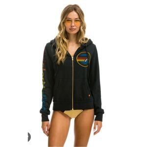 Aviator Nation Sz M Navy Blue Full Zip Hoodie Venice CA Rainbow Sleeve Spell Out